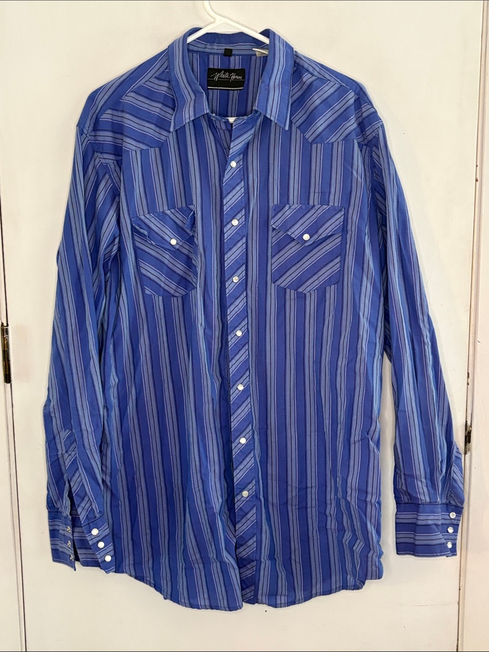 White Horse blue vertical stripe long sleeve button down western shirt Size XLT